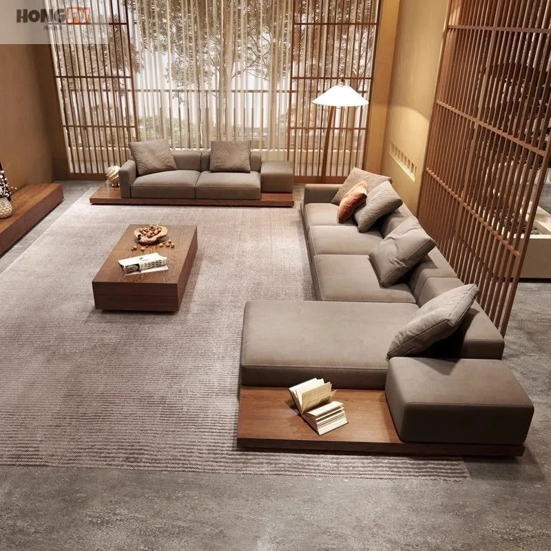 

Wabi-sabi Japanese-style walnut wood sofa with a creative living room for the imperial concubine, a corner tech fabricsofa