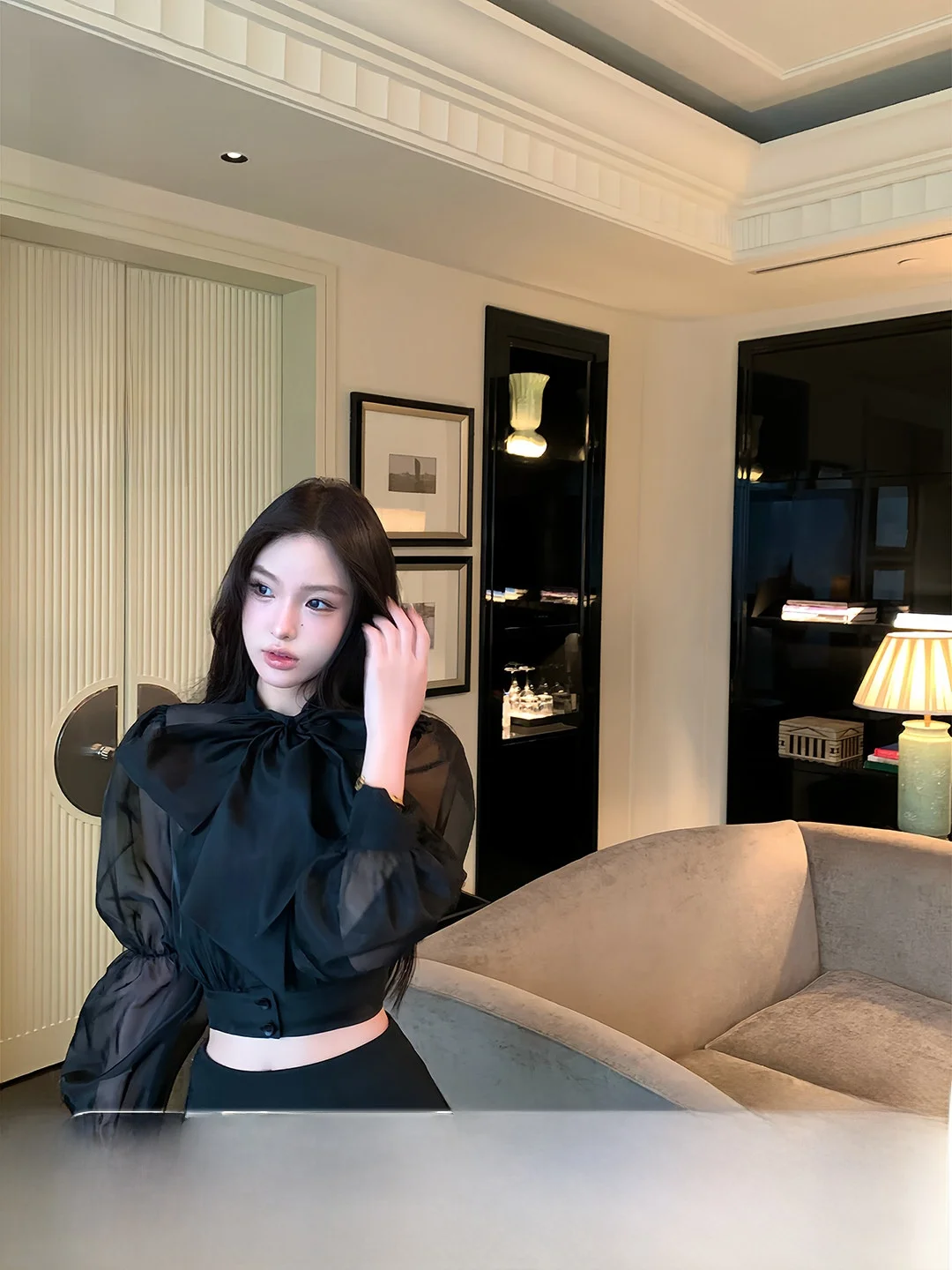 

Golden Hourglass Lantern Sleeve Knot Sash Women's Shirt And Short Skirt Set Skin-friendly Breathable Long Sleeve ...