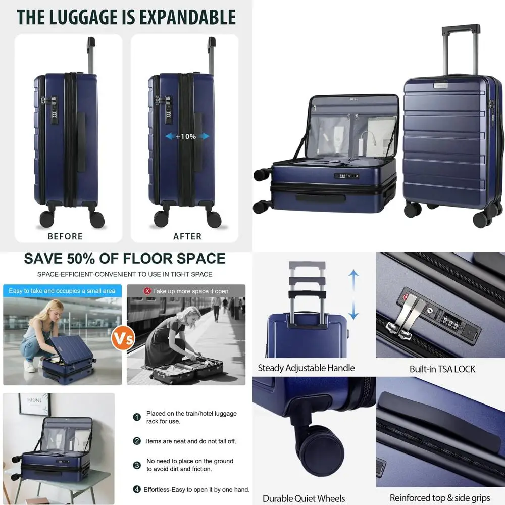 

20-Inch Navy Expandable Hard Shell Carry-On Suitcase with Spinner Wheels, TSA Lock, and USB Port