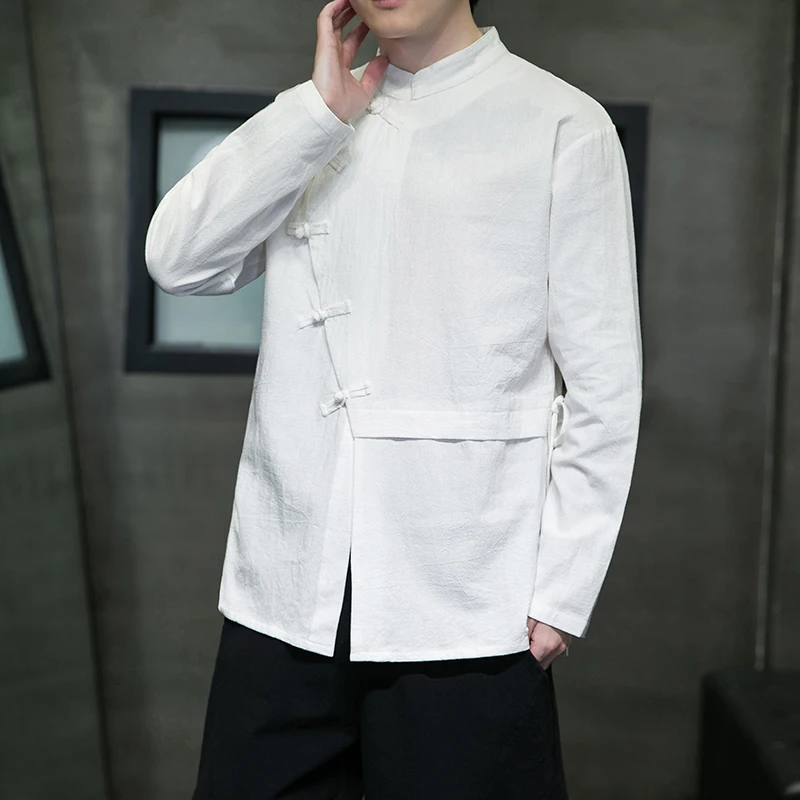 M-5XL Plus Size Men Linen Shirt Side Knot Button Down Long Sleeve Cotton Beach Band Collar Casual Spring Autumn Streetwear Shirt
