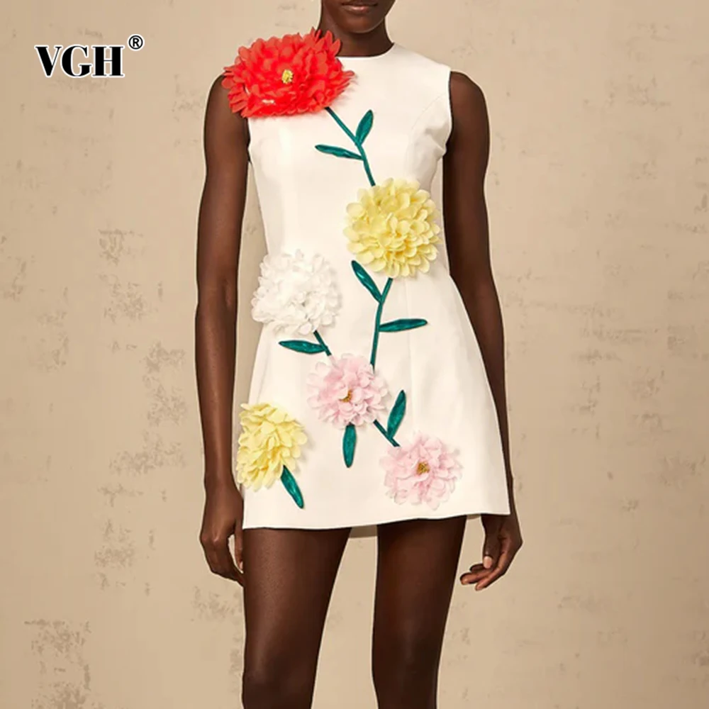 

VGH Slimming Hit Color Spliced Appliques Dresses For Women Round Neck Sleeveless High Waist Temperament Dress Female Fashion New