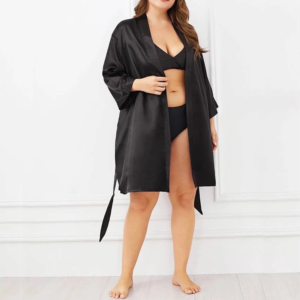 Plus Size 2023 Women Imitation Silk Pajamas Robe Oversized Nightgowns Nightdress Female Clothing Bikini Jacket Sunscreen