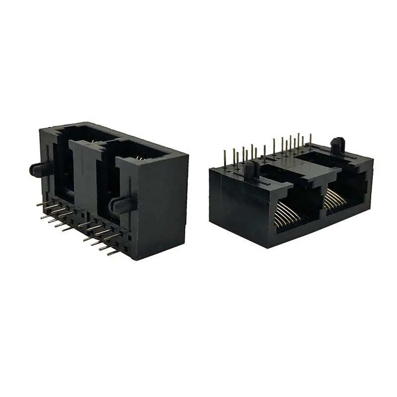10PCS 5622 Black All-plastic 1X2 RJ45 Network Interface 10P8C 90-degree Horizontal Curved Plug Dual-Port Female Socket 8P8C