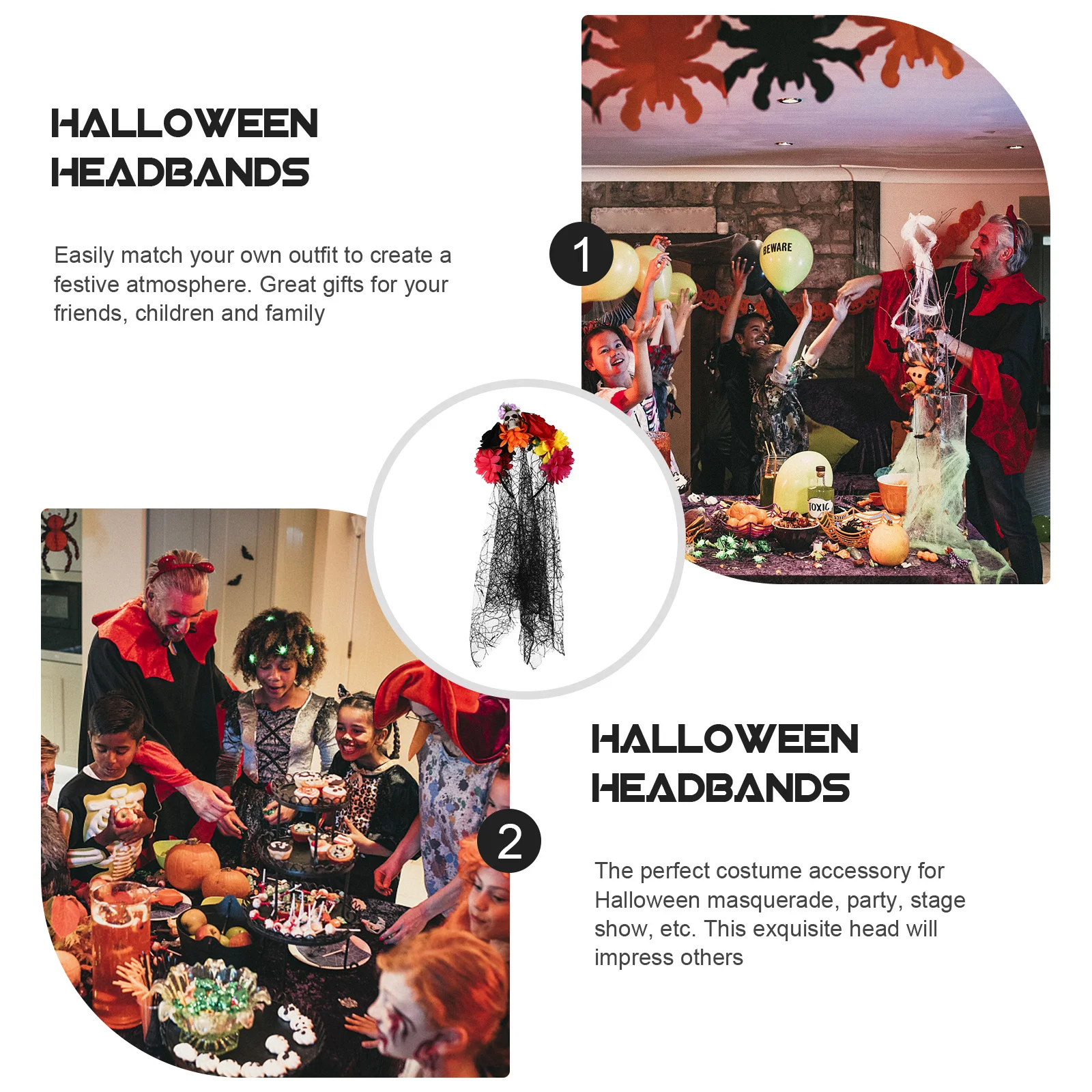 

1Pcs Halloween Skull Headdress Rose Flower Headband Party Veil Hair Hoop Cosplay Hairband Festival Decoration Skull Headband