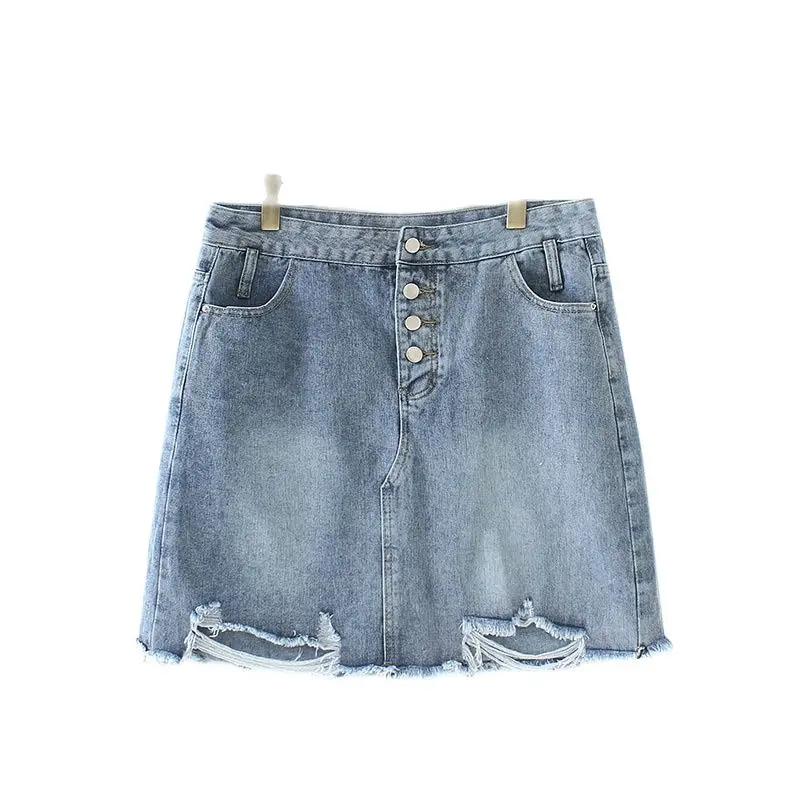 Saia denim de senso feminino para reduzir a idade da carne tibetana, buraco fino e solto, cintura alta, quatro botões, novo, verão, 2023