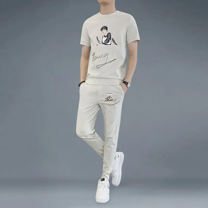 Sweatsuit ผู้ชายชุดกางเกงเสื้อ Tracksuit ใหม่ในการจับคู่เสื้อผ้าราคาถูก Kpop Casual Basic Baggy ชาย T เสื้อกางเกงชุด