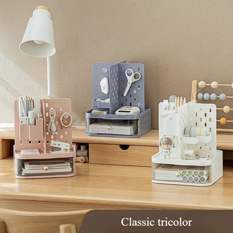 Large Capacity Drawer with Rotatable Hole Board Pen Holder Storage Box Desktop Storage Aesthetic DIY