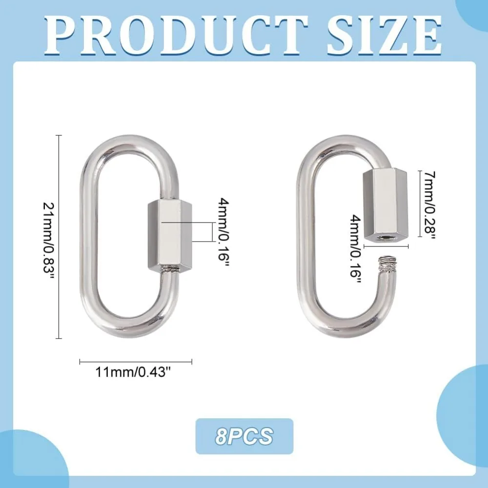 8Pcs 304 Stainless Steel Screw Carabiner Lock Charms Oval Keychain Clasps Platinum Keychain Clip Hook Quick Link making kit