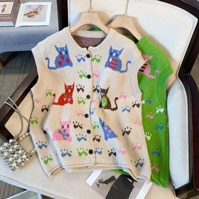

Новый комфортный женский вязаный жилет без рукавов больших размеров с круглым вырезом, жаккардовым узором и пуговицами, дизайнерский стиль, весна/осень