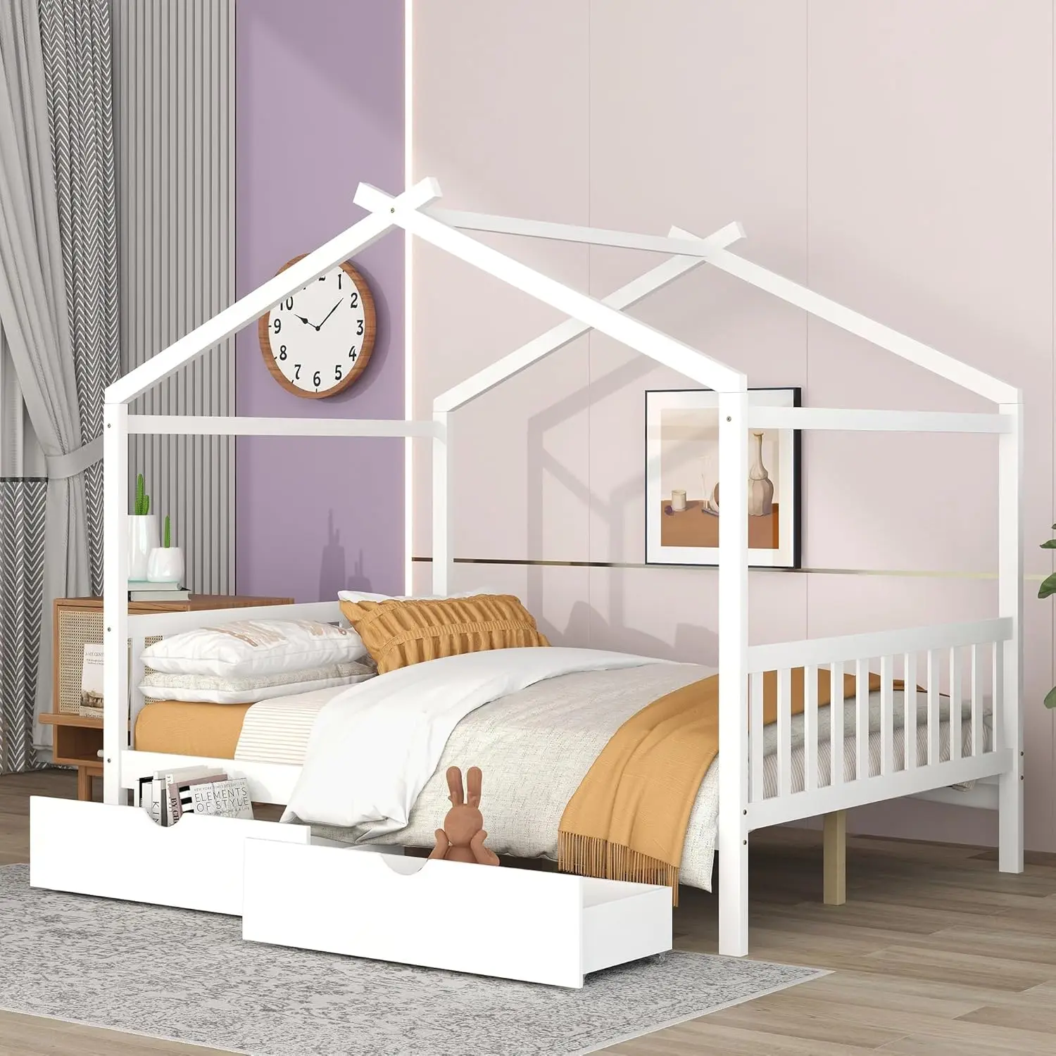 Cadre de lit en bois pleine grandeur avec planche de sauna et pied de pied, lit de maison basse, cadre de lit complet avec rangement, cadre de lit en bois pour enfants