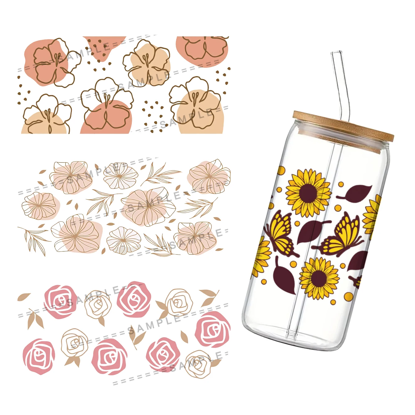 Colorful Flowers UV DTF Cup Wrap for 16Oz Libbey Glass Can DIY Transfer Sticker