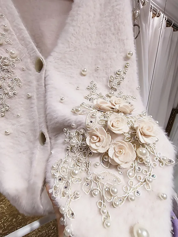 Fairy Luxury 3D Flowers Embroidery Pearls Beaded Warm Mink Cashmere Knitted Cardigan Plush Mohair Sweater Coat Knitwear Tops