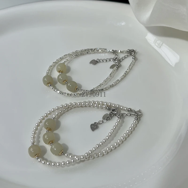 Natural Hetian Jade S925 Sterling Silver Crushed Silver Strong Light Pearl Bracelet Simple High-end Female