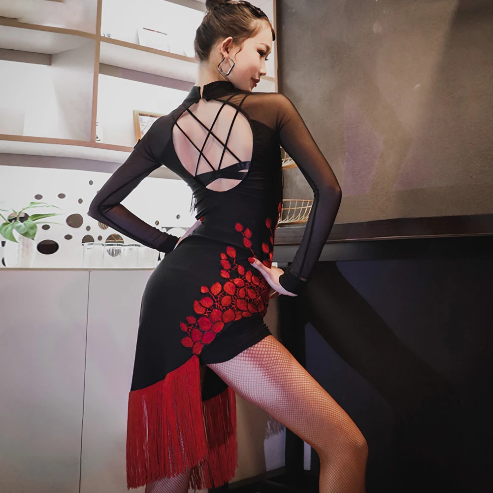 Платье для танцевальных соревнований, с длинными рукавами, одежда для самбы, латинских танцев, Cheongsam, сексуальный сценический костюм, черная одежда с открытой спиной и кисточками