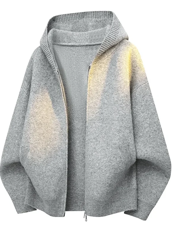 

Мужской вязаный кардиган в стиле ретро, повседневная универсальная толстовка с капюшоном, однотонный осенний топ на молнии из смесового полиэстера