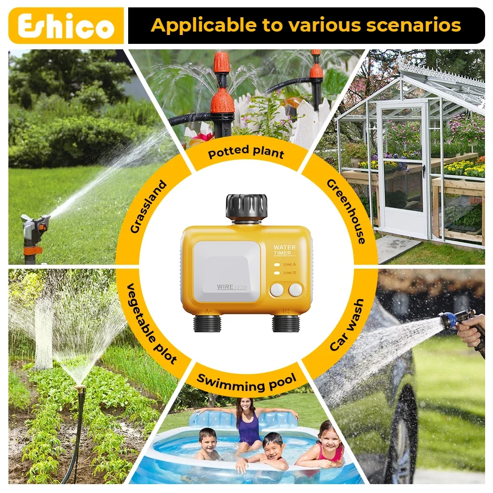 Eshico HCT-626 2-Outlet Wireless Water Timer WiFi/Bluetooth Remote Control Tuya App Work Log Garden Automatic Watering Sprinkler