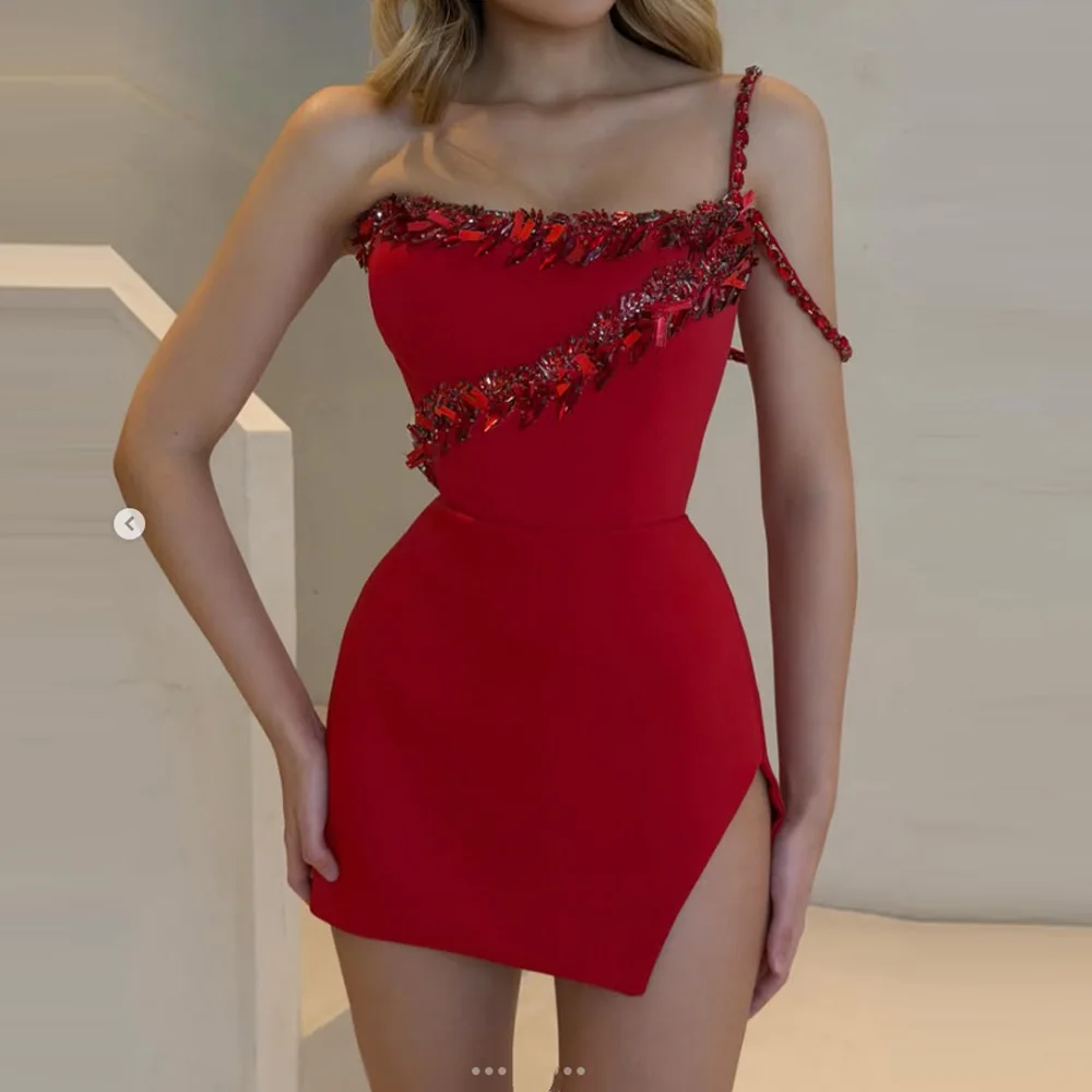 

Luxury One Shoulder Evening Dresses with Slit Rhinestones Sheath for Women Vestidos De Fiesta Sleeveless Prom Gowns Customized