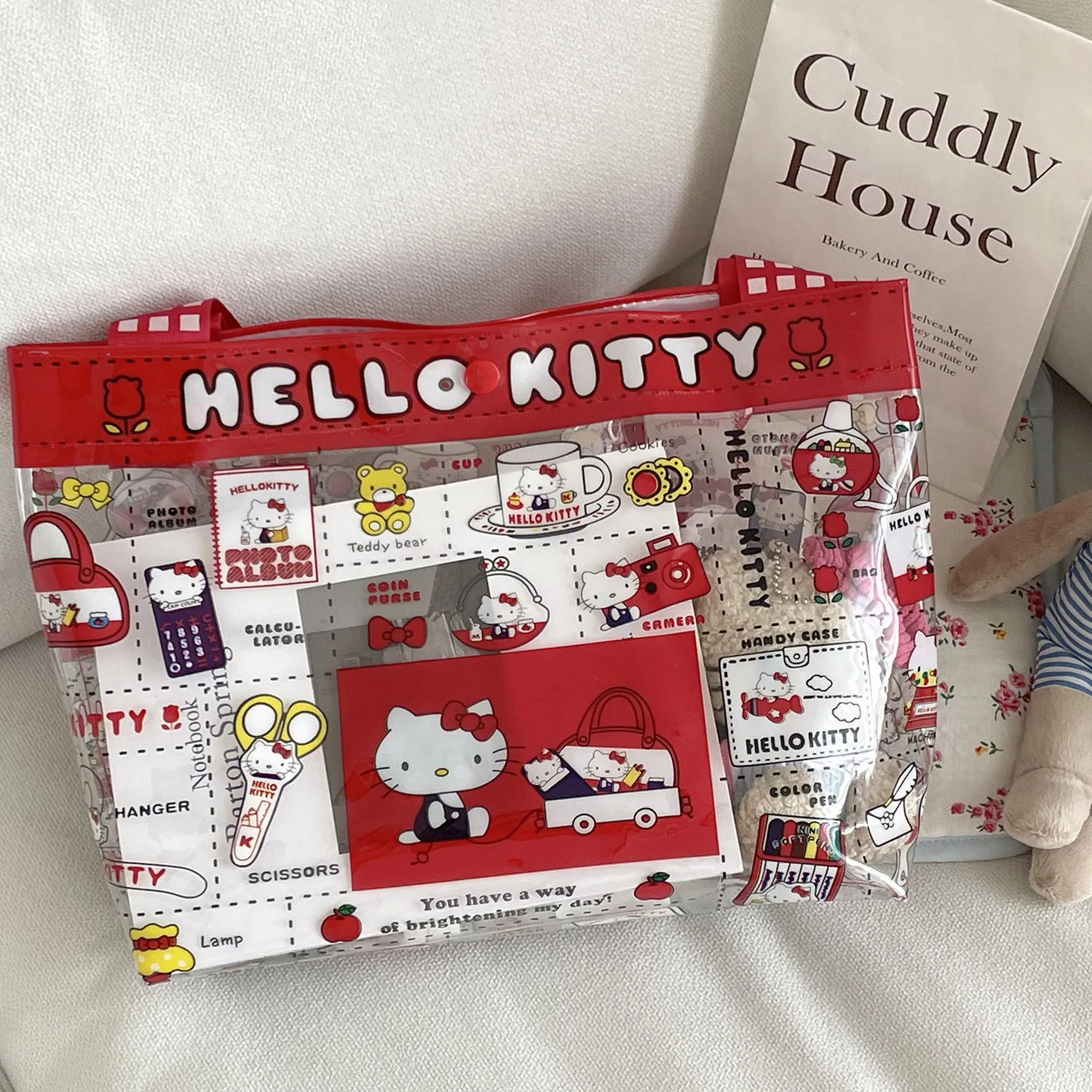 Retro Rote Karierte Hello Kitty Transparente Handtasche Cartoon-Print PVC Wasserdichte Mama-Tasche Schwimm-Aufbewahrungstasche – Detail 2