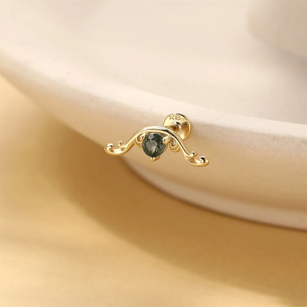 CANNER 1PC Summer Natural Water Grass Agate Horse Eye 925 Sterling Silver Flat Head Piercing Ear Bone Nail For Women INS Earring