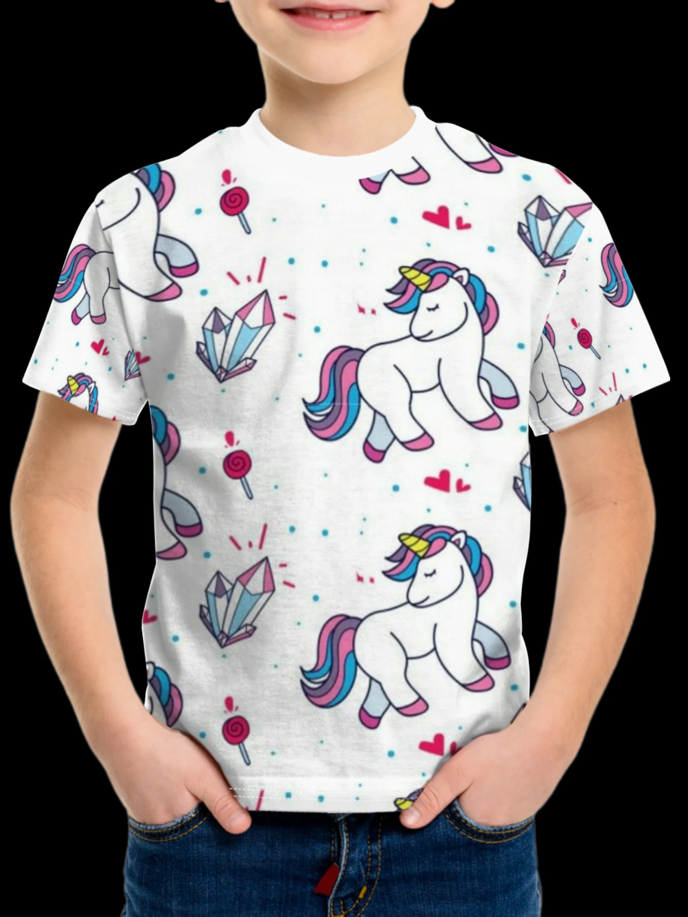 Cartoon Unicorn Print Kids T-Shirt, White Background Heart Lollipop Crew Neck Short Sleeve Top