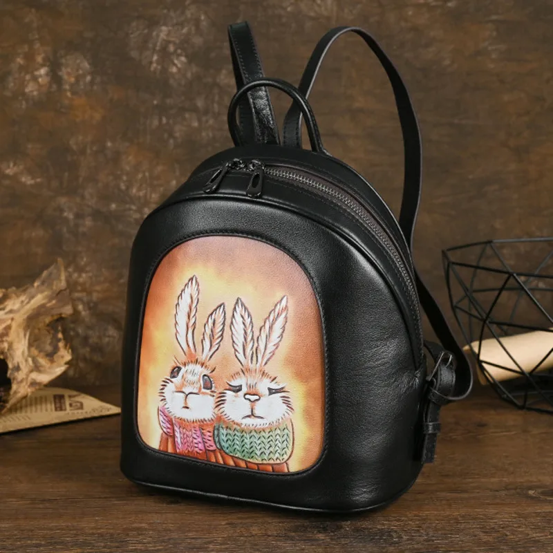 MOTAORA Retro Genuine Leather Women\'s Bag 2024 Vintage Rabbit Printed Backpack New Cowhide Large Capacity Travel Schoolbag Girl