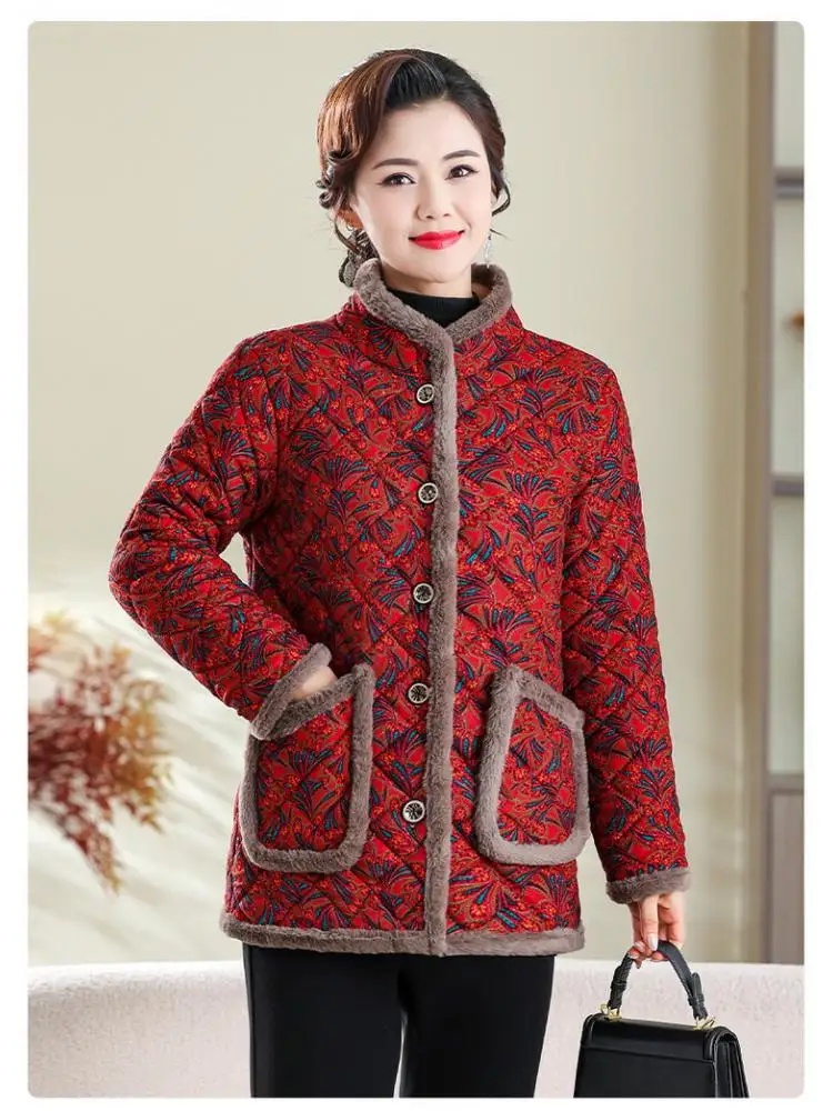 سترة صوف للنساء في منتصف العمر وكبار السن للنساء معطف قطني مزين بالزهور ملابس خارجية سميكة للشتاء بياقة واقفة #4
