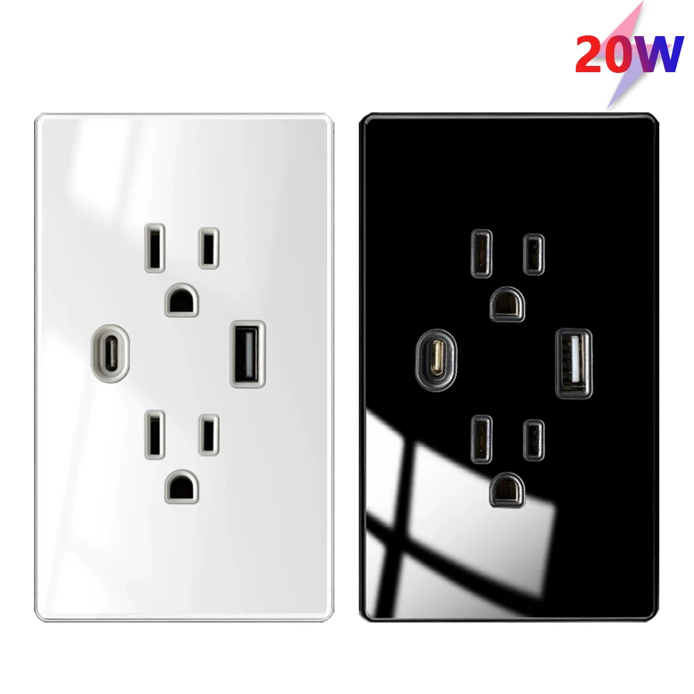 

US Mexico Standard socket Usb Type-C 20W Fast Charging outlet,American/Black/White/Gray Tempered glass Panel Dual USB power plug