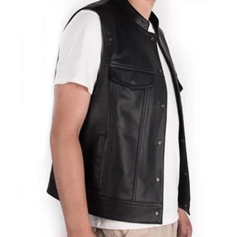 1The Latest Solid Color Vest Motorcycle Standing Collar Leather Vest for Men Pu Leather Coat