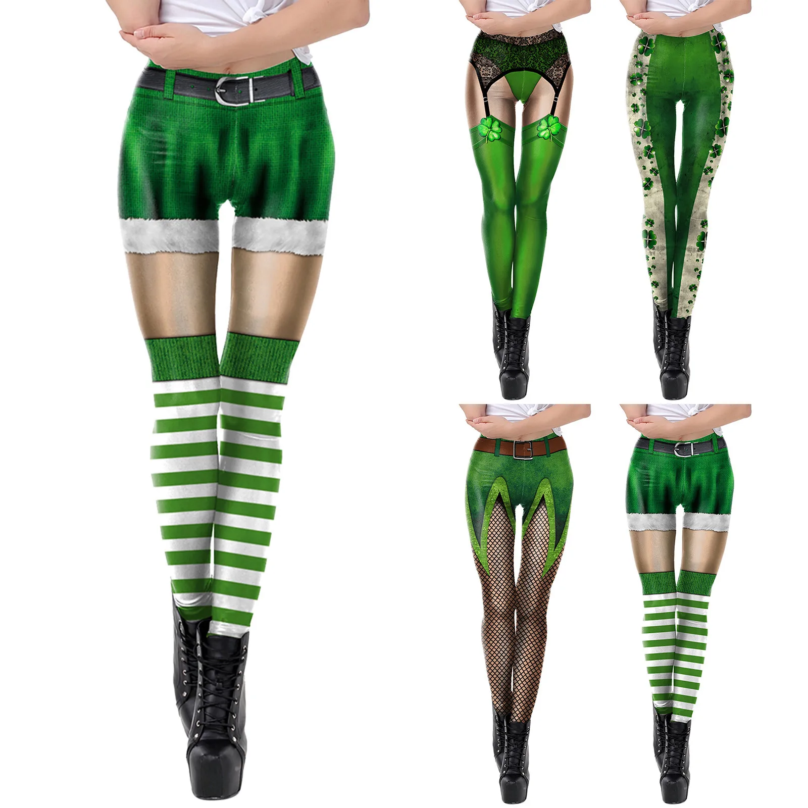 Green Tights Digital Print Leggings Women Party Sexy Tights Mid Waist St Patrick Day Novelty Design Trousers Girls Casual Pants