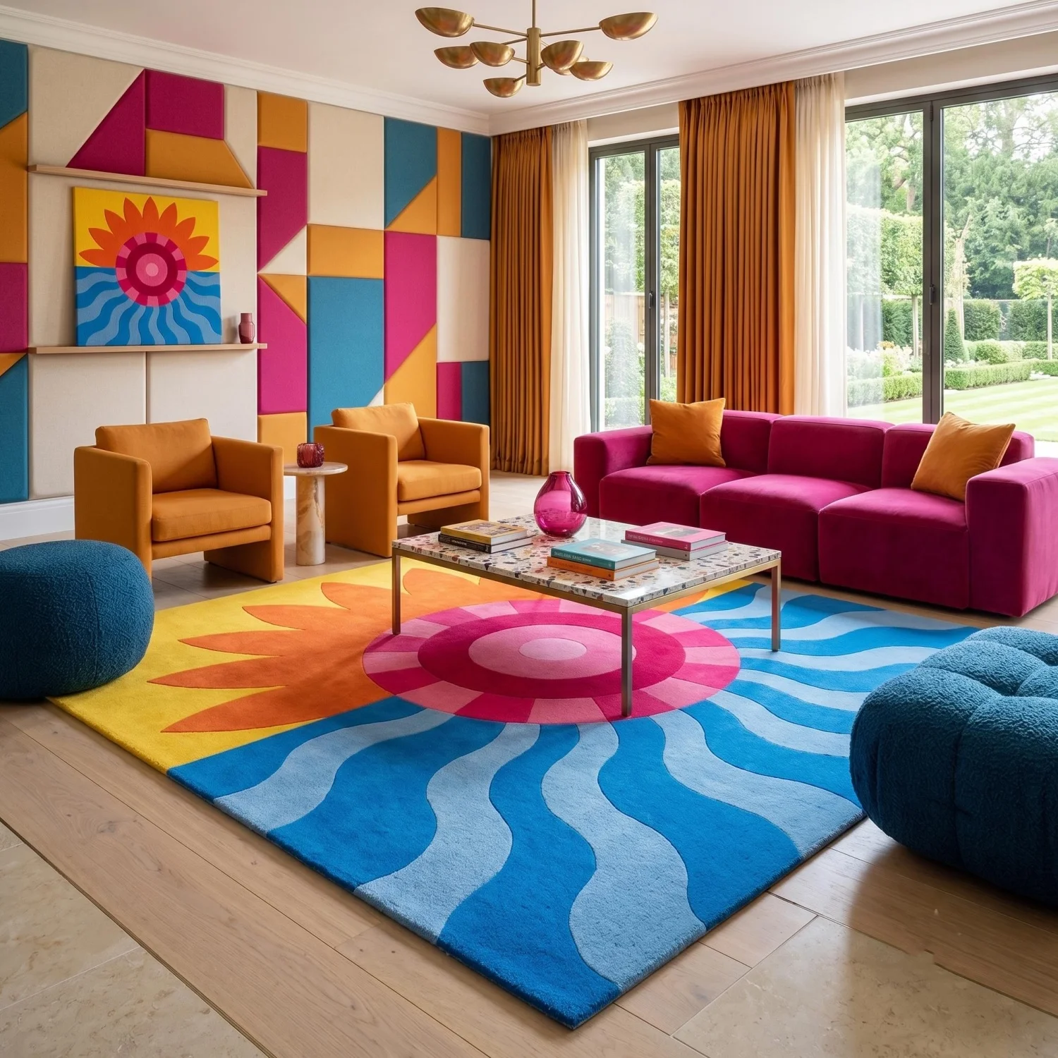 Room Decor Rug Blue Yellow Pink Sun Flower Wavy Geometric Area Rug, Smooth Floor carpet, rugs for livingroom, rug for bedroom, Rectangle Floor Mat, Perfect for Maximalist Family Room, Bright Pop Art C