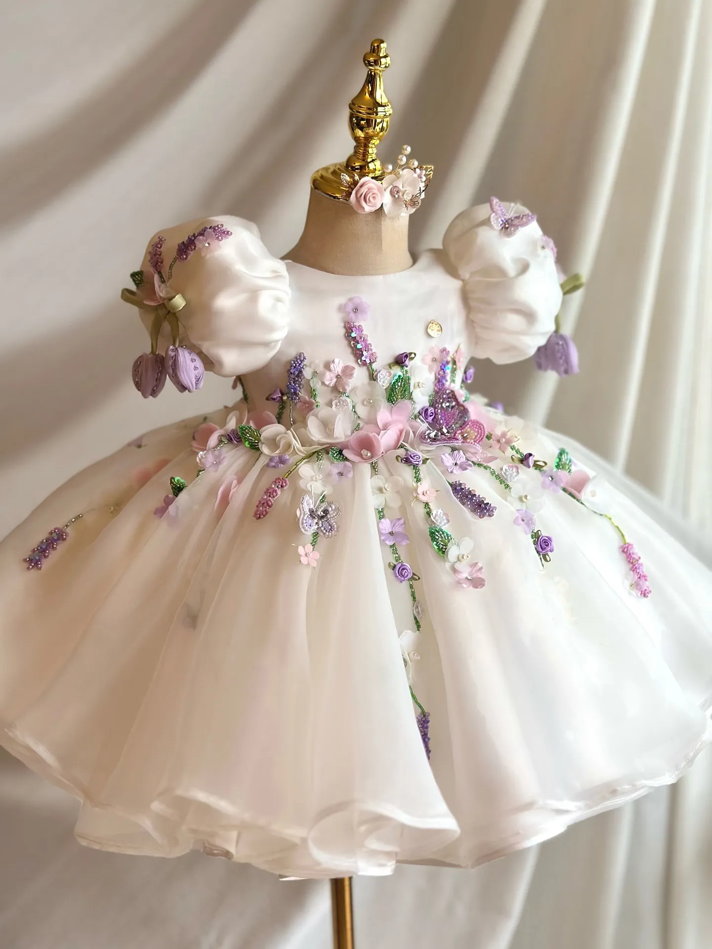 Custom Flower Girl Dress Wedding Party Dress First Christmas Outfit 3D Embroidery Puff Sleeve Princess Gown for Kids Party