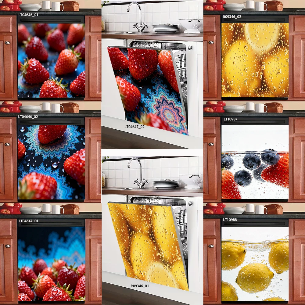

Juicy Fruit Dishwasher Decal, Strawberry & Lemon Water Splash Print, Waterproof Removable Kitchen Art Sticker