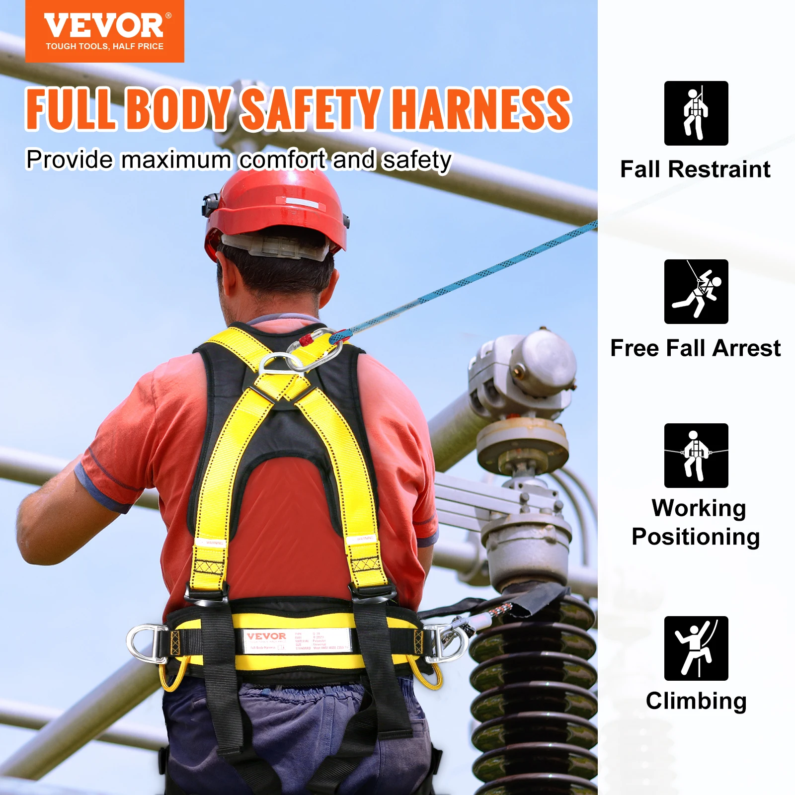 VEVOR Detachable Safety Harness Universal Full Body Harness Work Safety Belt for Constuction Climbing Outdoor ANSI/ASSE Z359.11