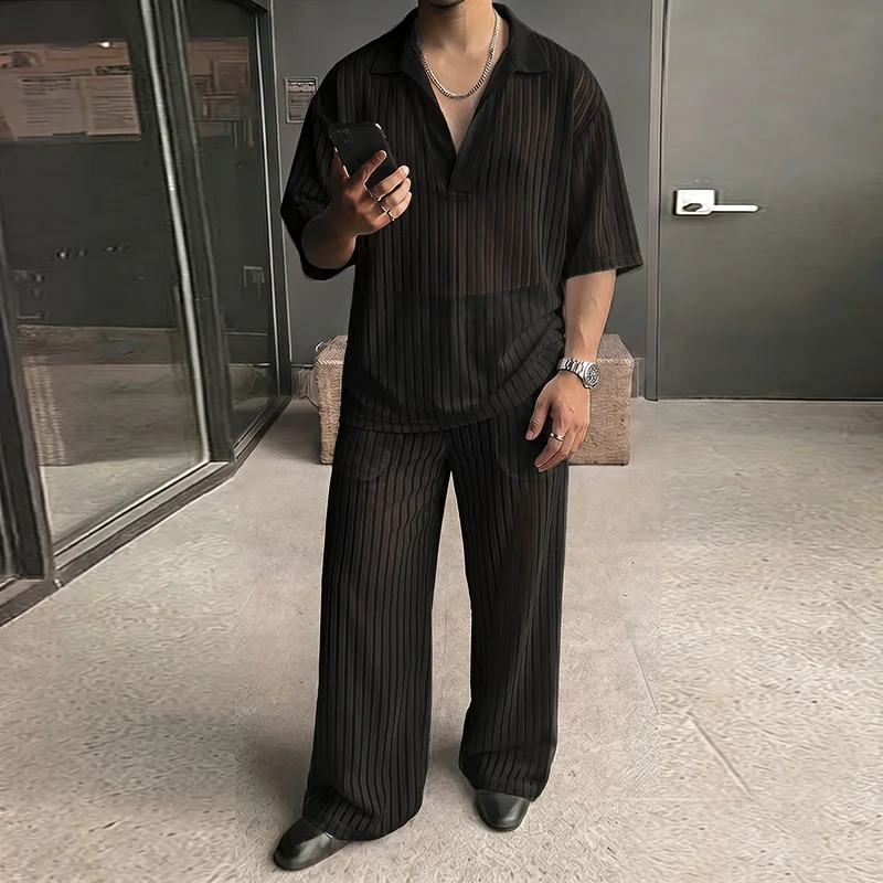 INCERUN Men's Sets Striped Mesh See Through Lapel Short Sleeve Shirt Pants Two Piece Sets Streetwear Fashion Men Matching Sets - view 2