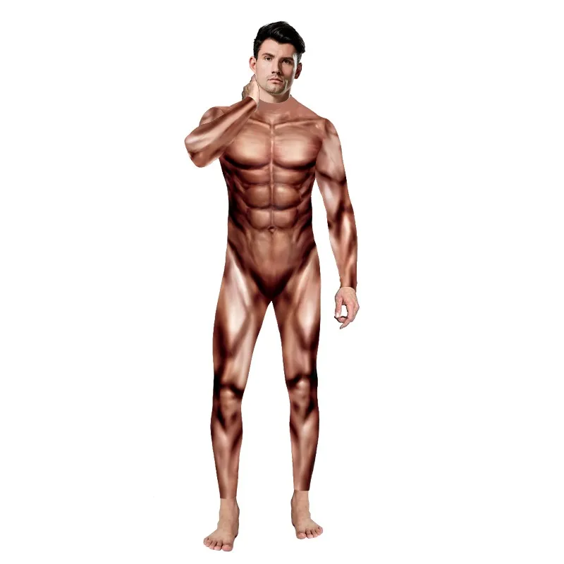 

Halloween Muscle 3D Jumpsuit Cosplay Costume Muscular Man Carnival Bodysuit Spandex Elastic Adult Catsuit Party Skinny Outfit