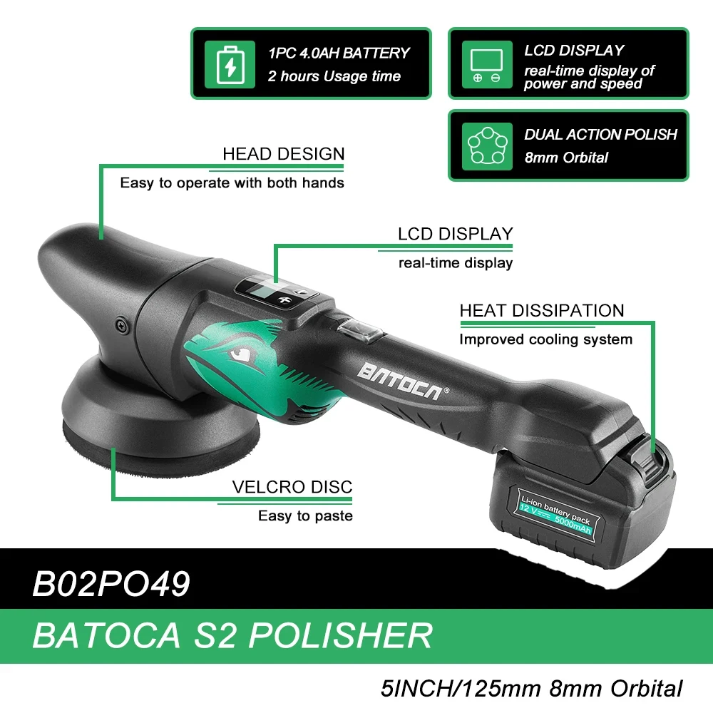 Batoca S2 Cordless Car Polisher Set 2 x 4.0Ah Battery Wireless Car Polishing Machine Dual Action LCD Soft Start Polisher