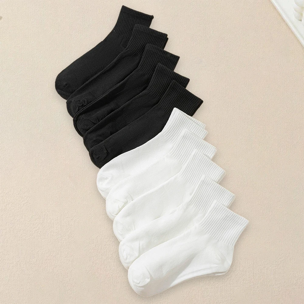 10 Pairs Women Solid Black White Socks Simple Fashionable Versatile Deodorizing Antibacterial Comfortable Mid Length Socks