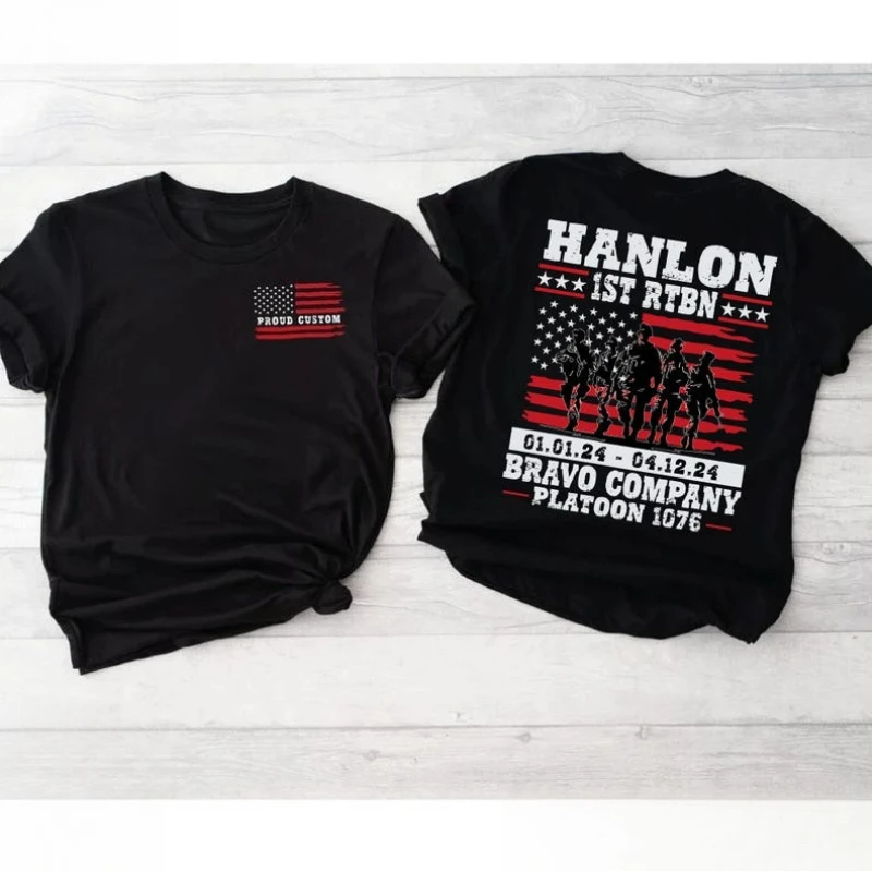 

Custom Military Graduation T-Shirt Family Day Boot Hanlon 1st RTBN Bravo Campany Platoon 1076 Gift US Flag Soldier Graphic Tee