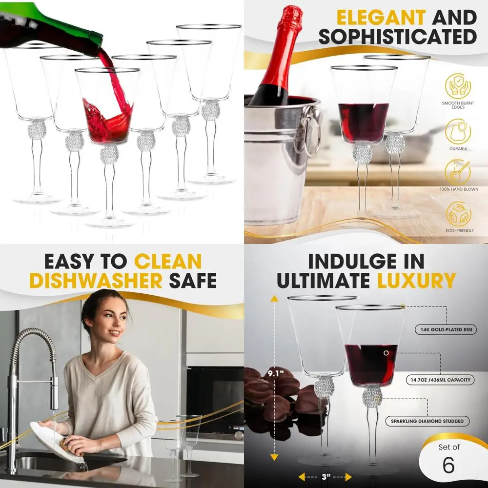 

Набор бокалов для вина с хрустальными краями из 6 штук — элегантные длинные бокалы с серебряной оправой и акцентами со стразами, коллекция премиум-класса 14,7 унции
