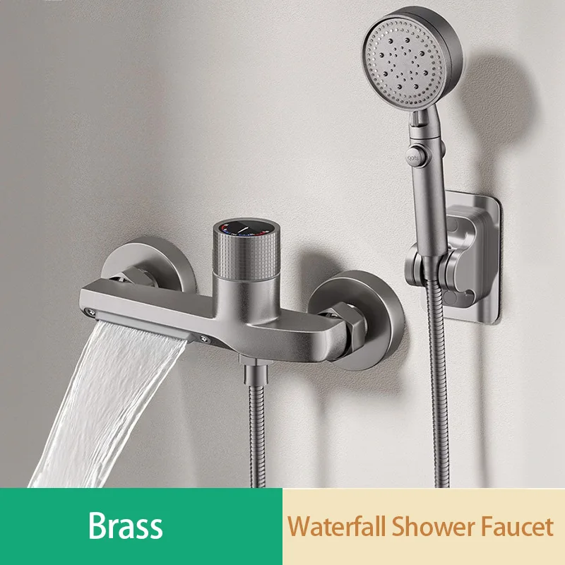 Waterfall Bathtub Faucet Set Handheld Shower Head Wall Mounted Brass Bathroom Tub Filler Waterfall Spout Hot and Cold Mixer Tap