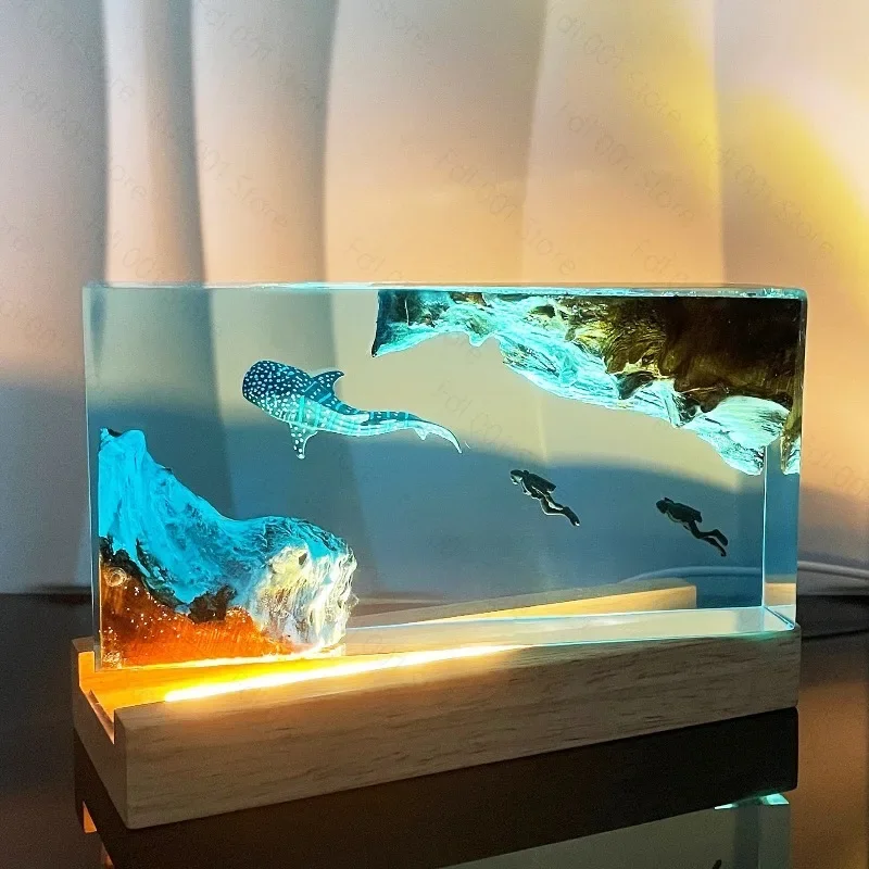 Whale shark and diver, resin night light, scuba diving deep sea exploration personalized wood lamp home decoration gift