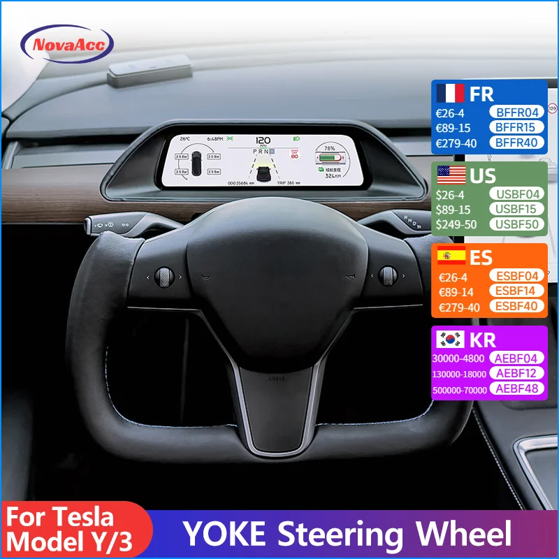 

NovaAcc For Tesla Yoke Steering Wheel Model Y 3 2017 2018 2019 2020 2021 2022 2023 Heating Black Nappa Suede Car Accessories