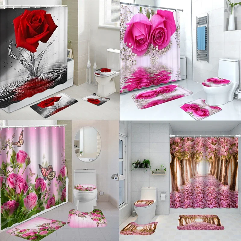 Red Rose Butterfly Flowers Bathroom Shower Curtain Set Waterproof Polyester Washable Non-Slip Bath Mat Rugs Carpet Toilet Cover