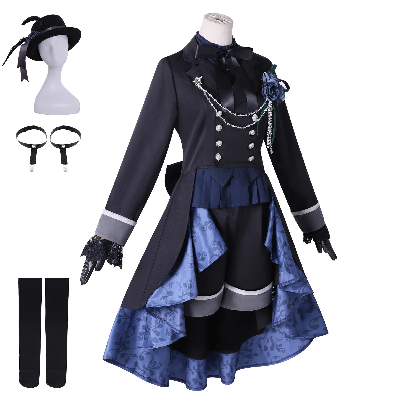 In Stock Ciel Phantomhive Cosplay Costume Black Rose Ciel Phantomhive Wig Halloween Party Suit