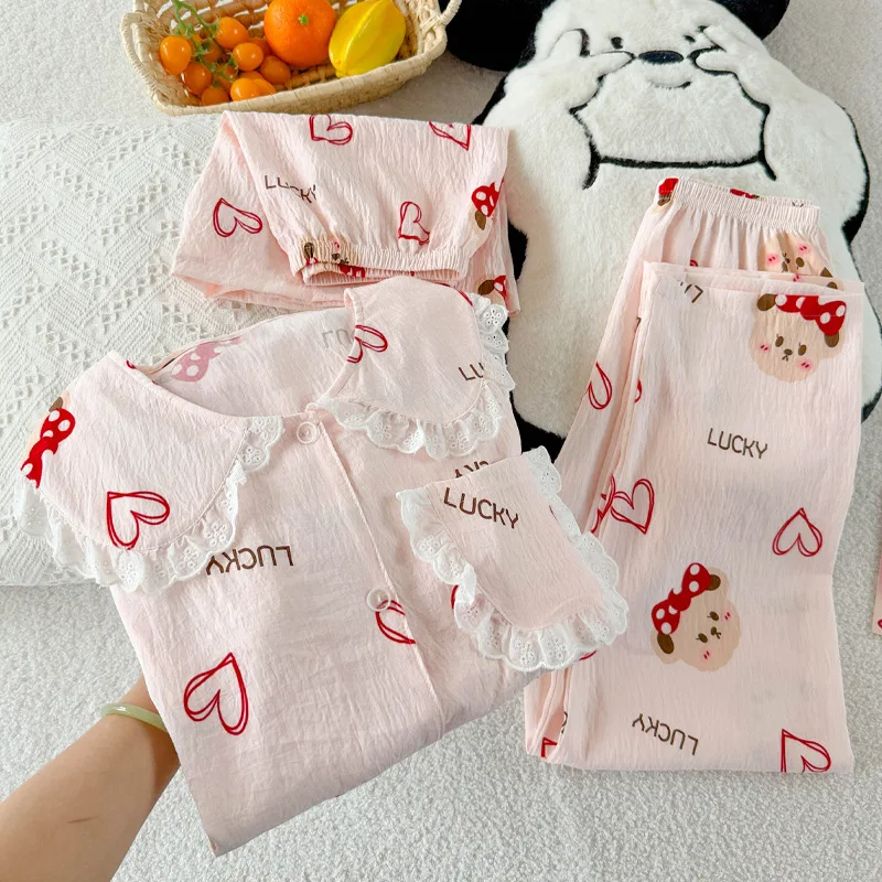 

Female Short Sleeve Sweet Lace Peter Pan Collar Cartoon Homewear Women Summer Thin Pajamas Three-piece Set Leisure Sleepwear
