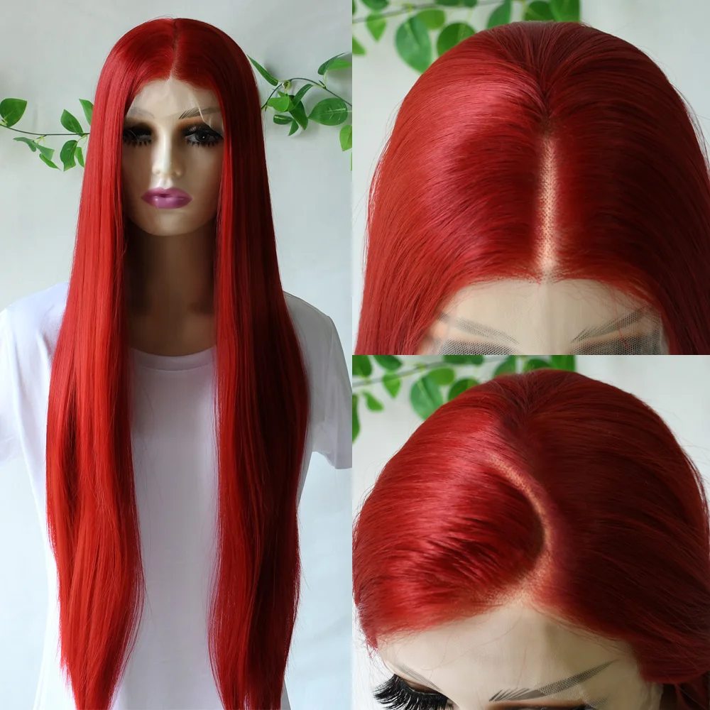 Hot Red Wig 13x4 Long Straight Lace Front Wig For Women Glueless Preplucked Heat Resistant Synthetic Wig Hd Lace Wig Party