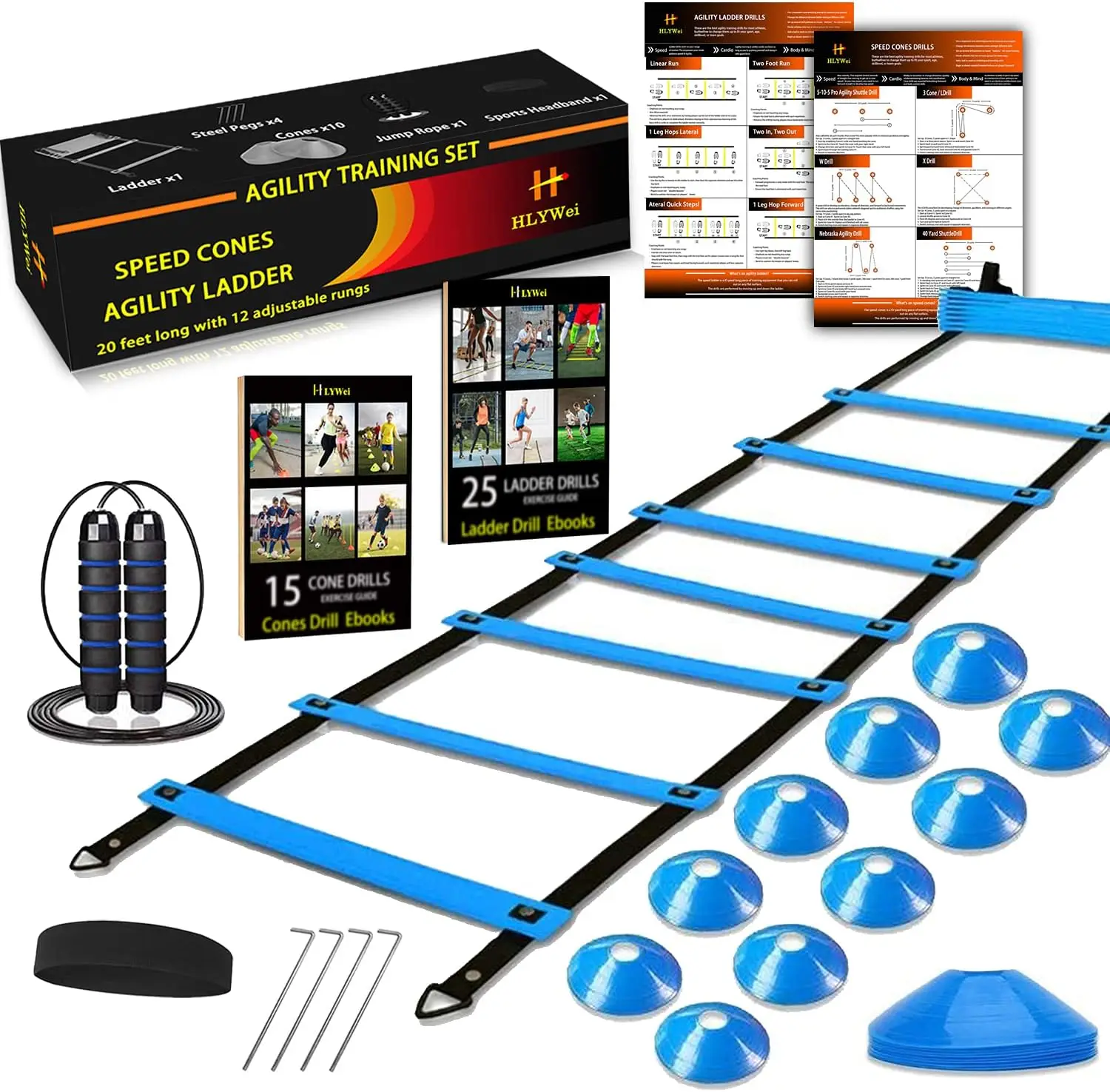 

Speed Agility Training Set with Ladder, Cones, Jump Rope, Headband and Carry Bag for Soccer Football Basketball