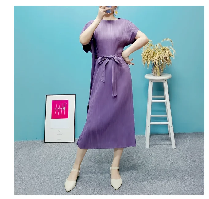 

HOT SELLING Miyake The dress fashion o-neck Bat sleeve solid belt loose dresses IN STOCK