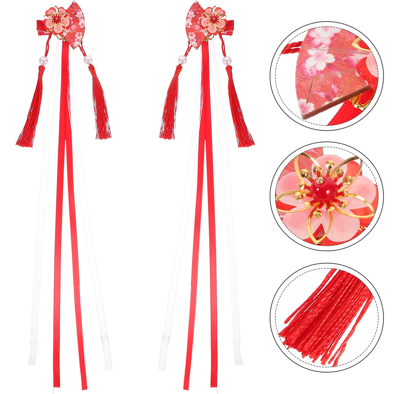 

2 pcs Fan Tassel Hair Clips Flower Ribbon Decorative Hairpins Japanese Style Floral Accessories For Women Party Wedding Daily