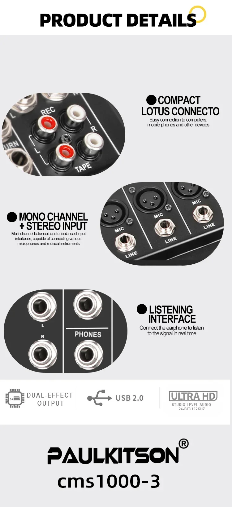 Paulkitson CMS1000-3 Audio-Mischpult mit Abdeckung, 99 Effekten, 48V Phantomspeisung für Bühne, Karaoke, Band, DJ, Studio und Events – Detail 7